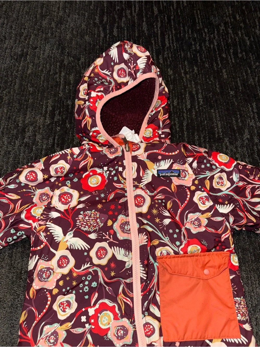 Patagonia Floral Hooded One-Piece Snowsuit in Burgundy and Red Accents